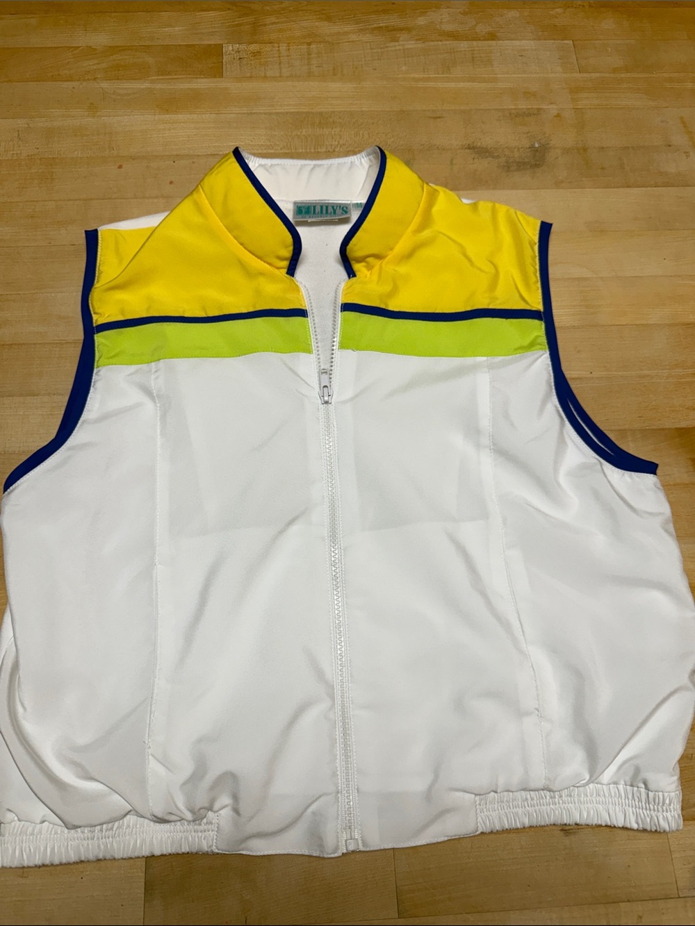 Lily’s of Beverly Hills White Sleeveless Zip Vest with Yellow & Lime Contrast